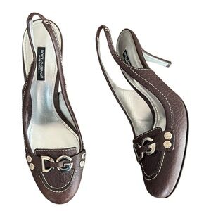 Dolce & Gabbana Women’s Vintage Y2K Brown Round Toe Silver Logo Pump Heels 38